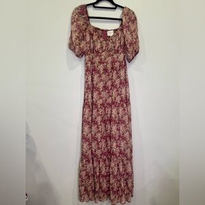 NWOT Audrey Park Francesca's Collections Burgundy Floral Maxi Puff Sleeve Dress